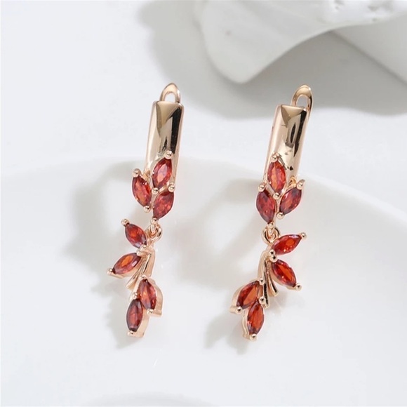 Rose Gold Plated Drop Earrings Red Natural Zircon - Picture 7 of 8